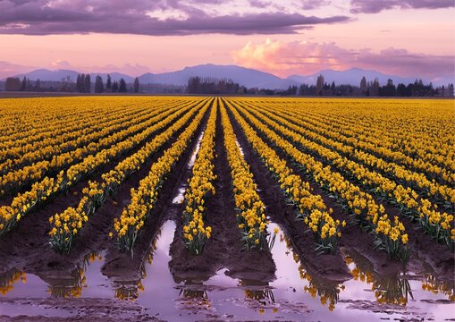 Yellow daffodils fields at sunset. La Conner tulip festival. Scagit Valley. Washington. USA