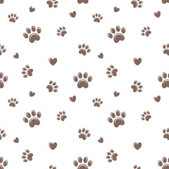 Brown dog paws and hearts seamless vector pattern
