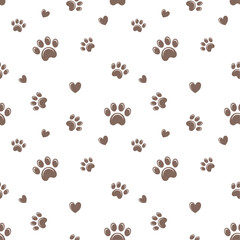 Brown dog paws and hearts seamless vector pattern