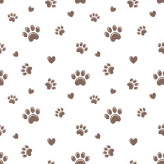 Brown dog paws and hearts seamless vector pattern