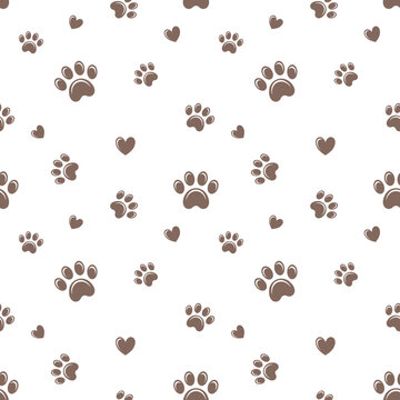 Brown dog paws and hearts seamless vector pattern