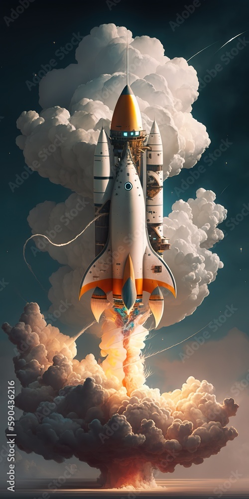 Poster cloud-encased rocket or spaceship generative ai