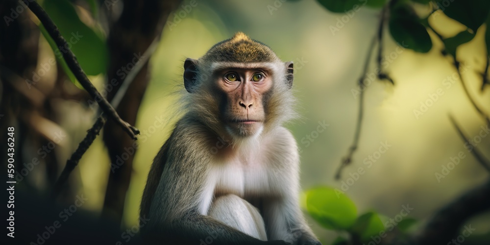 Poster long-tailed macaque captured in a natural setting with selective focus. generative ai