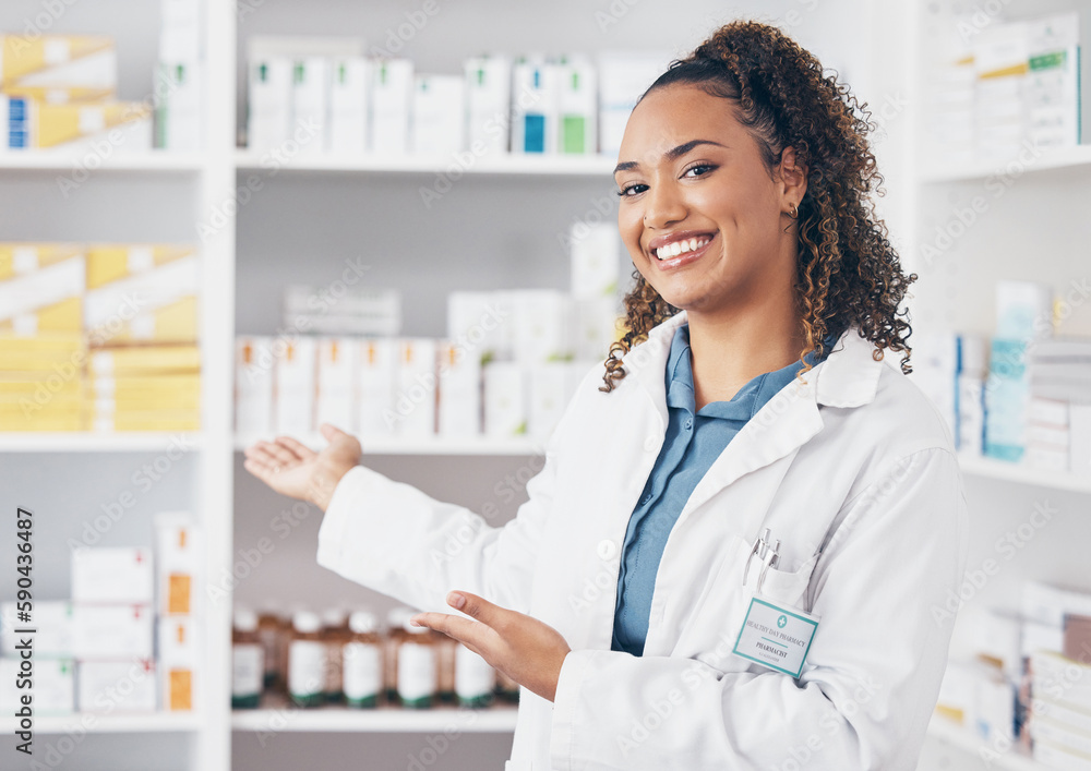 Poster Pharmacist woman, portrait and shelf choice or show medicine stock, product and happy customer service. Biracial doctor or medical professional in pharmacy for inventory of drugs and healthcare store