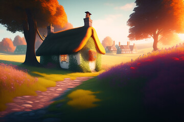A painting of a thatched cottage in the sunset. Generative Ai