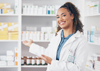 Pharmacist woman, portrait and shelf choice or show medicine stock, product and happy customer...