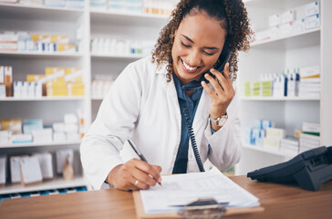 Phone call, counter and pharmacy woman for medicine, customer service or virtual healthcare...