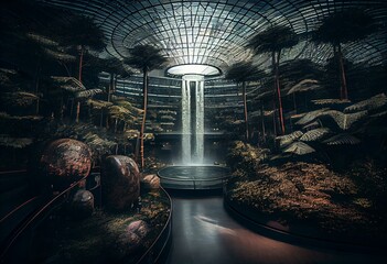 Singapore Changi airport waterfall attraction. Generative AI - obrazy, fototapety, plakaty