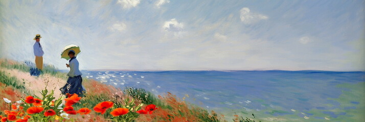wild field  lavender and poppy flowers field on horizon woman walk,blue  sunny sky and sea on horizon ,nature landscape  impressionism paint oil fine  art  abstract  banne,generated ai - obrazy, fototapety, plakaty