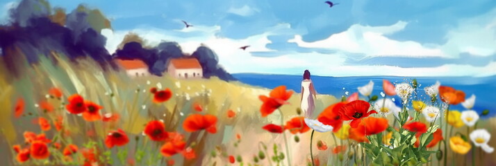 wild field  lavender and poppy flowers field on horizon woman walk,blue  sunny sky and sea on horizon ,nature landscape  impressionism paint oil fine  art  abstract  banne,generated ai
