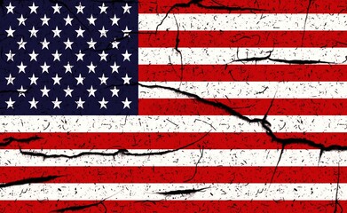 Flag of United States of America on rugged wall full of scratches - metaphor of problem and crisis leading to collapse of country