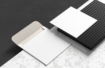 Square envelope and invitation mock up isolated on dark background. 3D illustration.