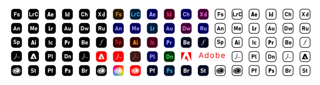 Set of popular Adobe apps icons. Icons in different styles, colored. Vector. editorial illustration. Rivne, Ukraine - April 10, 2023