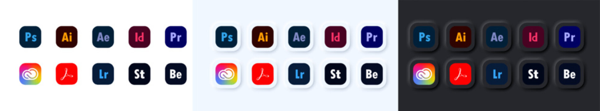 Set of popular Adobe apps icons. Flat style, colored. Vector. editorial illustration. Rivne, Ukraine - April 10, 2023