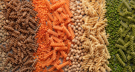 A variety of fusilli pasta from different types of legumes. Gluten-free pasta.