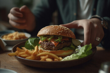 A waiter holds a plate of burger and fries at modern cafe. Generative AI