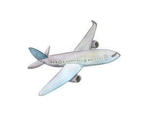 The plane is white, watercolor illustration isolated on a white background, transport,