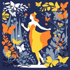 Ornamental Silhouette of a young woman dancing in the forest