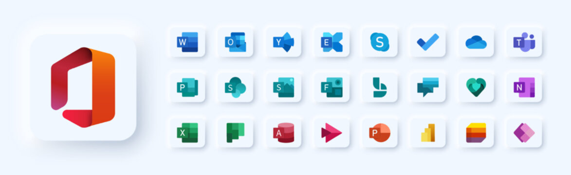 Microsoft Office icon set - Popular office applications. Vector. editorial illustration. Rivne, Ukraine - April 10, 2023