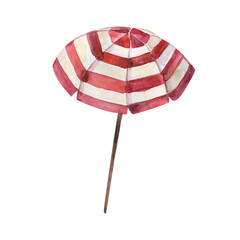 Protective umbrella from the sun, beach umbrella in red stripes, watercolor illustration isolated on a white background
