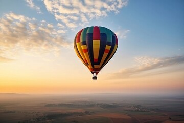 Colorful Hot Air Balloons in Blue Sky Horizon. Copy Space Background