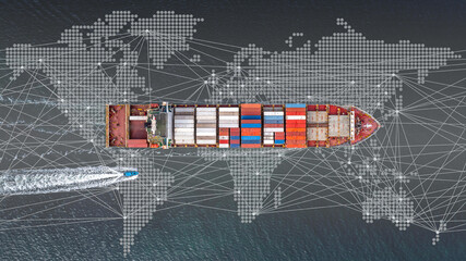 Container ship global business logistics import export freight shipping transportation, Container ship analysis, Big data visualization abstract graphic globe and chart information business. - obrazy, fototapety, plakaty