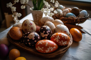 Easter Eggs, Various Colors and shapes, Greek Orthodox Easter, Table with Easter eggs. 
