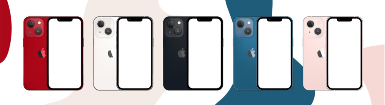 Realistic iphone 13 in five colors by Apple Inc. Vector. editorial illustration. Rivne, Ukraine - April 10, 2023