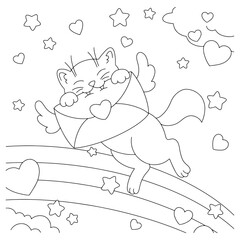 Coloring book page for kids. Enamored cute cat with a letter. Valentine's Day. Cartoon style character. Vector illustration isolated on white background.