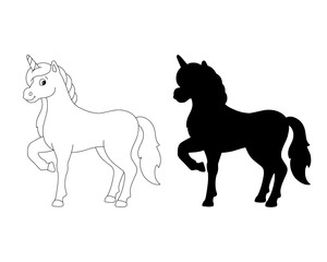 Obraz na płótnie Canvas Magic unicorn. Fairy horse. Black silhouette. Design element. Vector illustration isolated on white background. Template for books, stickers, posters, cards, clothes.