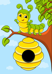 Cartoon character caterpillar. Color background for your design. For wallpapers, covers, postcards, banners. Vector illustration.