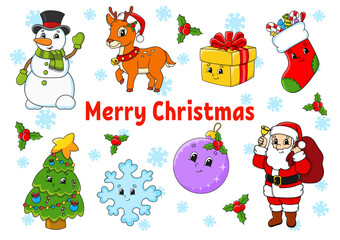 Set of stickers with cute cartoon characters. Winter clipart. Hand drawn. Colorful pack. Vector illustration. Patch badges collection for kids. For daily planner, organizer, diary.