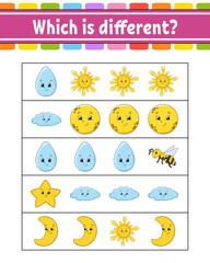 Which is different. Educational activity worksheet for kids and toddlers. Game for children. Vector illustration.