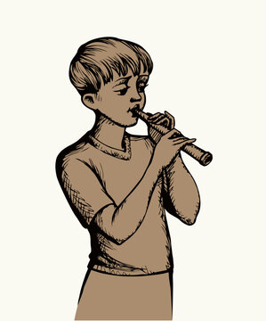 boy playing flute simple line art clip art preview