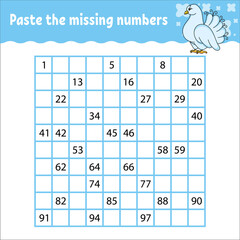 Paste the missing numbers from 1 to 100. Handwriting practice. Learning numbers for kids. Education developing worksheet. Activity page. Isolated vector illustration in cute cartoon style.