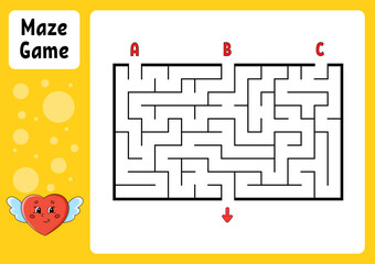 Rectangle maze. Game for kids. Three entrances, one exit. Education worksheet. Puzzle for children. Labyrinth conundrum. Find the right path. cartoon character. Vector illustration.