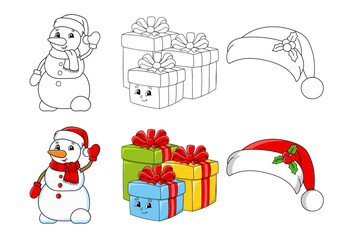 Set coloring page for kids. Cute cartoon characters. Black stroke. With sample. Bright stickers. Vector illustration.