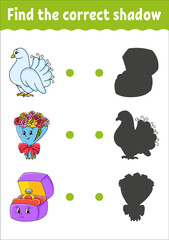 Naklejka premium Find the correct shadow. Education developing worksheet. Matching game for kids. Color activity page. Puzzle for children. Cute character. Vector illustration. cartoon style.