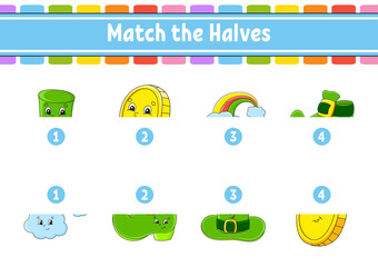 Match the halves. Education developing worksheet. Matching game for kids. Color activity page. Riddle for children. Cute character. Vector illustration.