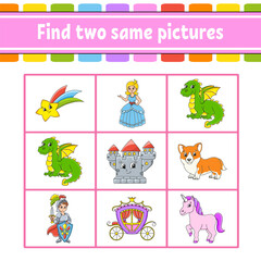 Fototapeta na wymiar Find two same pictures. Task for kids. Education developing worksheet. Activity page. Color game for children. Funny character. Cartoon style. Vector illustration.