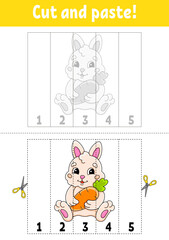 Learning numbers 1-5. Cut and glue. cartoon character. Education developing worksheet. Game for kids. Activity page. Vector illustration.