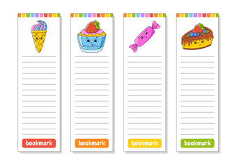 Set of paper bookmarks for books with cute cartoon characters. For kids. Isolated on white background. Vector illustration.