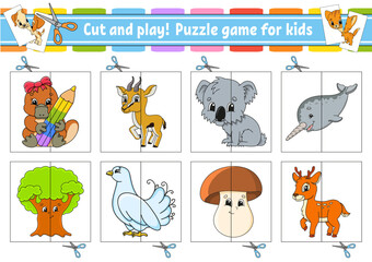 Cut and play. Flash cards. Color puzzle. Education developing worksheet. Activity page. Game for children. cartoon style. Funny character. Vector illustration.