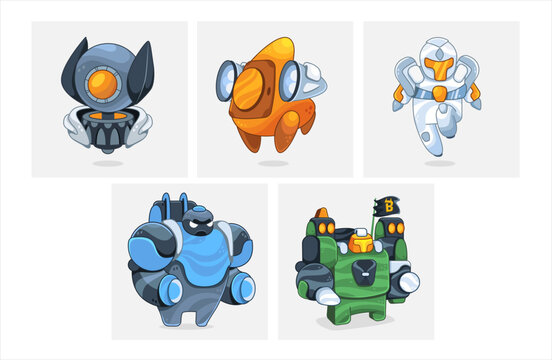 Set of vector game characters of robots in cartoon style.