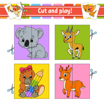 Cut and play. Flash cards. Color puzzle. Education developing worksheet. Activity page. Game for children. cartoon style. Funny character. Vector illustration.