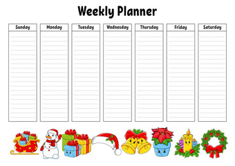 Weekly planner. Bright colorful blank printable template. Christmas theme. Vector illustration.