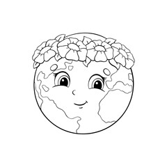Coloring book page for kids planet Earth. Cartoon style character. Vector illustration isolated on white background.