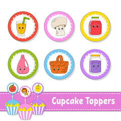 Cupcake Toppers. Set of six round pictures. cartoon characters. Cute image. For birthday, baby shower. Isolated on white background. Vector illustration.