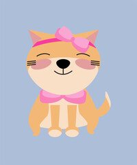 Vector of cute orange cat and pink bow headband isolated on blue background.