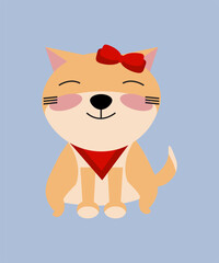 Vector of cute orange cat and pink bow headband isolated on blue background.